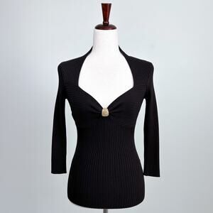 Caché Y2K Brown Form Fitting Sweetheart Neckline Rhinestone Rib Knit Top